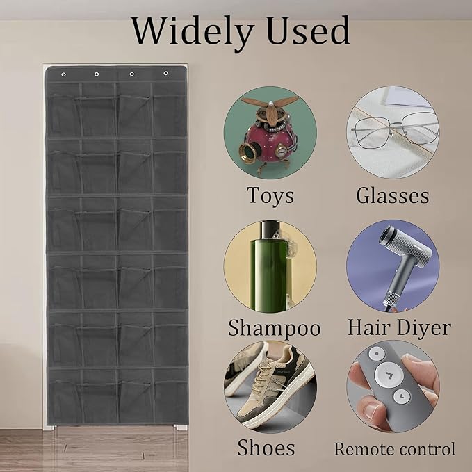 Black Over Door Shoe Organizer, 24 Large Pockets Hanging Storage for Closet Organization, Space Saving Shoe Rack and Accessory Holder