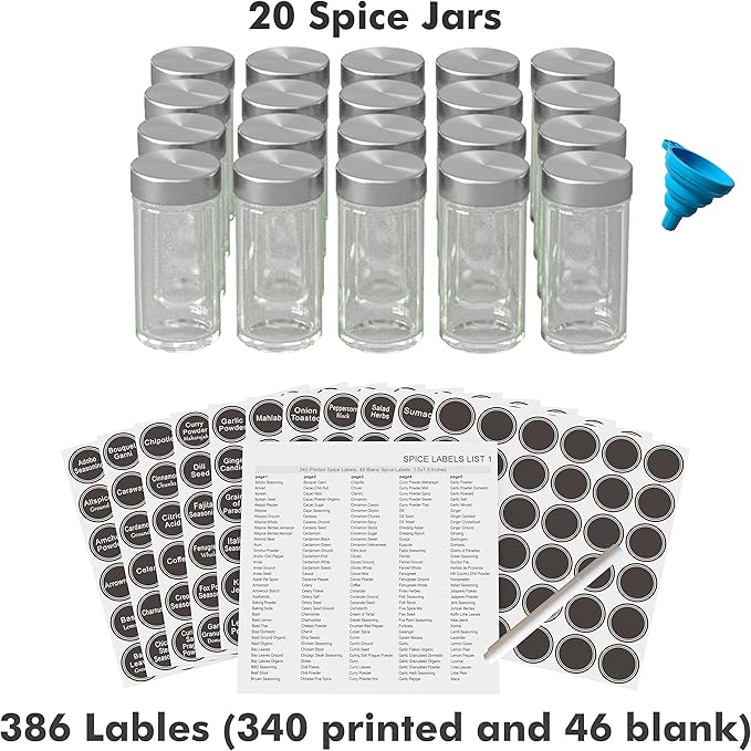 New England Stories Revolving Spice Rack Set with 20 Spice Jars, Kitchen Spice Tower Organizer for Countertop or Cabinet - Carousel Storage Includes 386 Spice Labels (Silver)