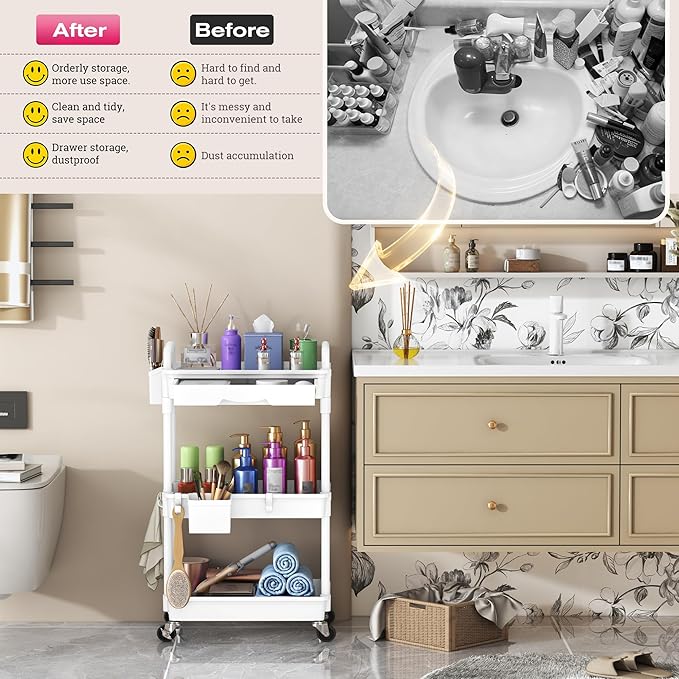 Goovilla Rolling Makeup Organizer Cart with Removable Drawer, 3 Tier Stable White Floor Skincare Storage Cart for Vanity, Cosmetic Display, Nail Polish, Perfume, Hair Stuff, Beauty, Bathroom(Plastic)