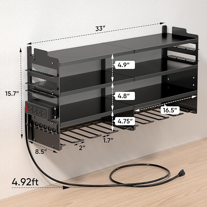 POKIPO Large Power Tool Organizer Wall Mount with Charging Station,4 Layer Heavy Duty Metal Tool Storage Rack Loads 600lbs with 8 Cordless Drill Holder,Battery Utility Rack Loads with 4 Power Strip