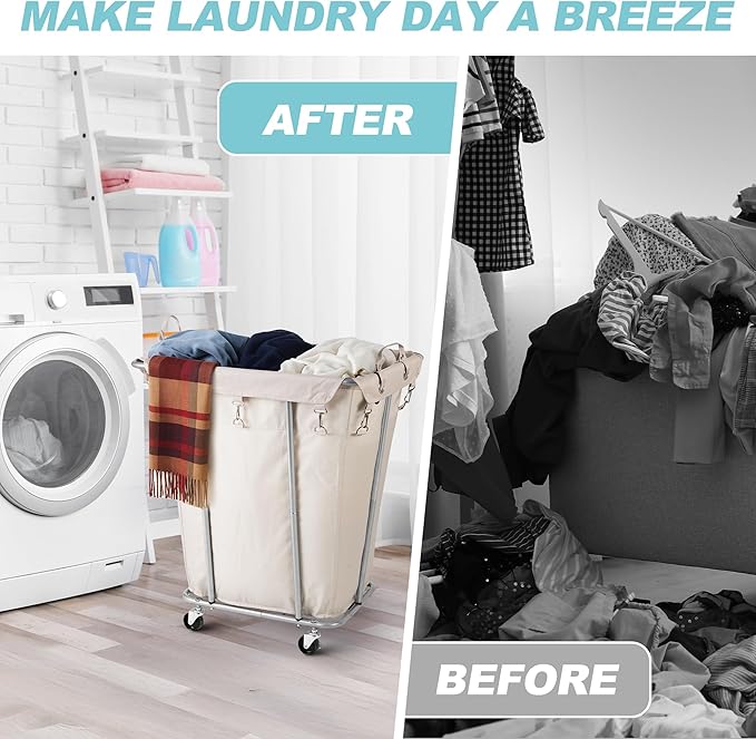PLKOW Laundry Basket with Wheels 120L Heavy-Duty Laundry Cart with Removable Waterproof Bag, Metal Frame Clothes Basket with Lockable Casters for Home, Laundry Room, Hotel, Beige