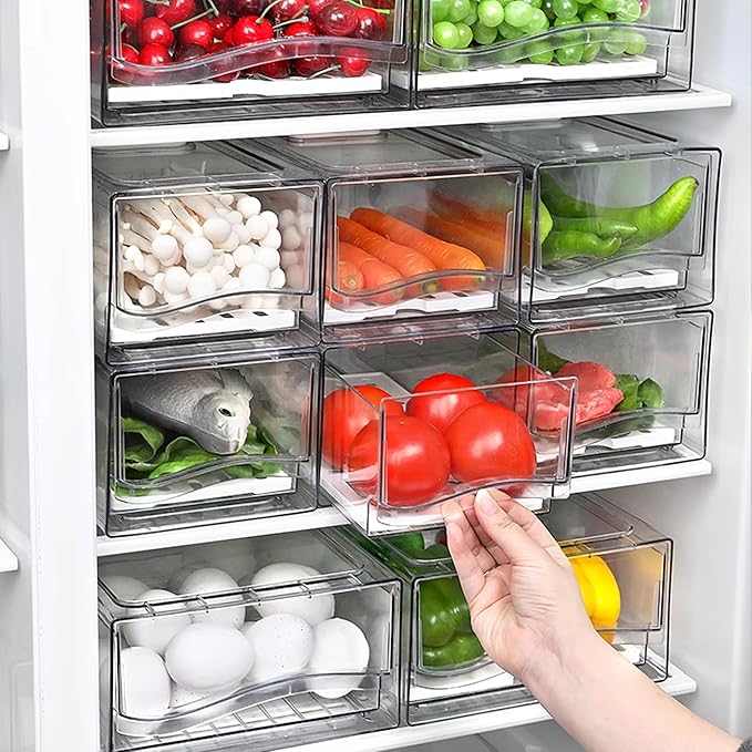 Fruit Storage Containers for Fridge with Strainer, BPA-Free Fridge Organizers and Storage, Stackable Clear Pull Out Refrigerator Organizers Drawer for Fruit,Vegetable,Produce,Berry,Food (2 Pack)
