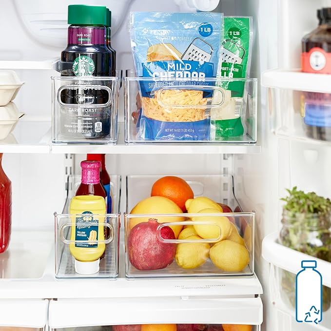 iDesign 50% Recycled Plastic Refrigerator Set, Made in The USA – Versatile Design Ideal for Freezer, Pantry, and Cabinet Organization, Two 5” x 5” x 14” and Two 10” x 5” x 14” Bins, Clear
