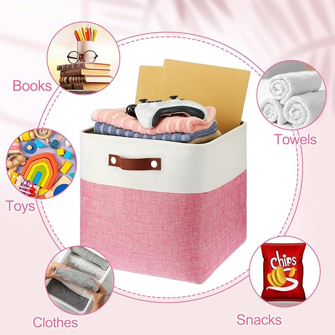 Uiifan 8 Pack 12 x 12 x 12 Inch Large Storage Baskets Collapsible Fabric Storage Cubes Bins with Handles for Shelves Closets Nursery Home Clothes Toys Organizers, Pink