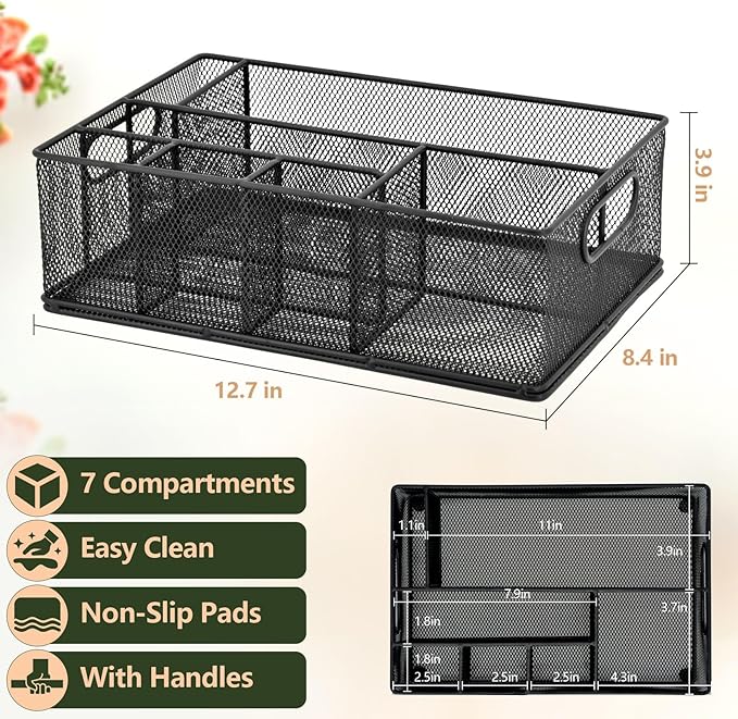 Metal Silverware Caddy for Countertop – 7 Compartment Paper Plate and Utensil Organizer with Side Handles – Cutlery Holder for Party, Buffet, Picnic, or Kitchen Table