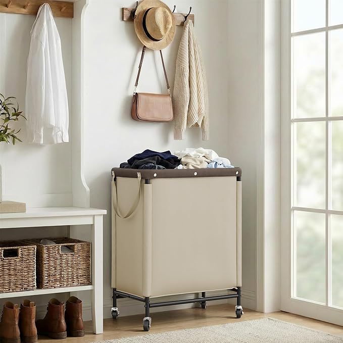 StorageWorks Laundry Hamper 2 Section, 100L Rolling Laundry Sorter Cart with Removable and Washable Liner Bag, Clothes Hamper with Wheels and Handle for Laundry Room and Bedroom, Light Khaki