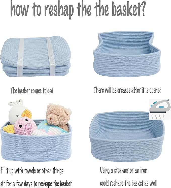 XUANGUO Small Woven Storage Baskets 13“X9”X5“ Decorative Rope Bins for Organizing Shelves, Closets, and Toys, Empty Gift Baskets, Cute Organizer Basket for Home and Office (blue, Large)