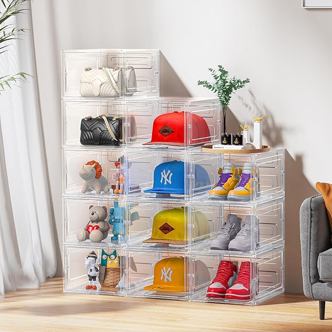 SCAVATA Hat Organizer Box, Stackable Clear Baseball Caps Holder Box Containers with Magnetic Door for Hats Snapback Cap Storag, Hat Rack Display Case, Holds 8 Hats Each (Clear, 2 Pack)