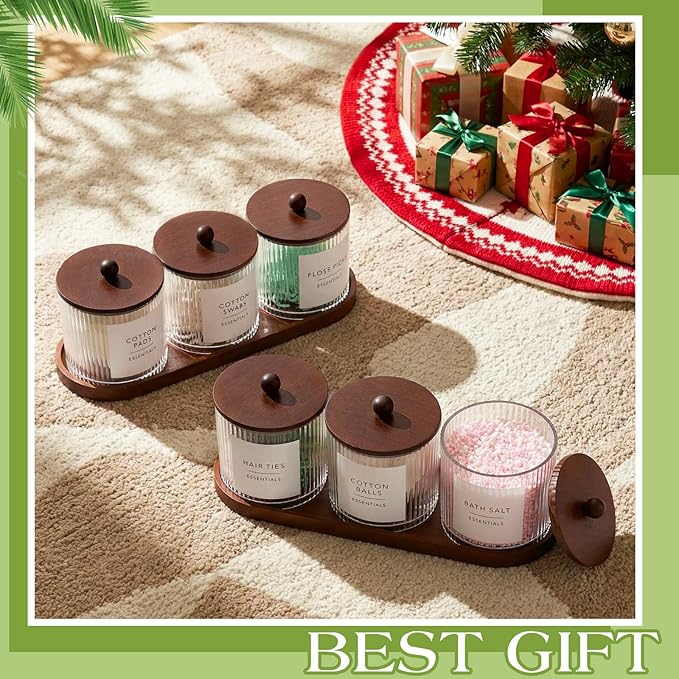 Vesici 6 Pack Bathroom Canisters Ribbed Apothecary Jars with Bamboo Lids 2 Bamboo Trays and 9 Label Stickers Cotton Swabs Holder Bathroom Organizer Storage Set Acrylic 18 oz Dispenser Container(Brown)