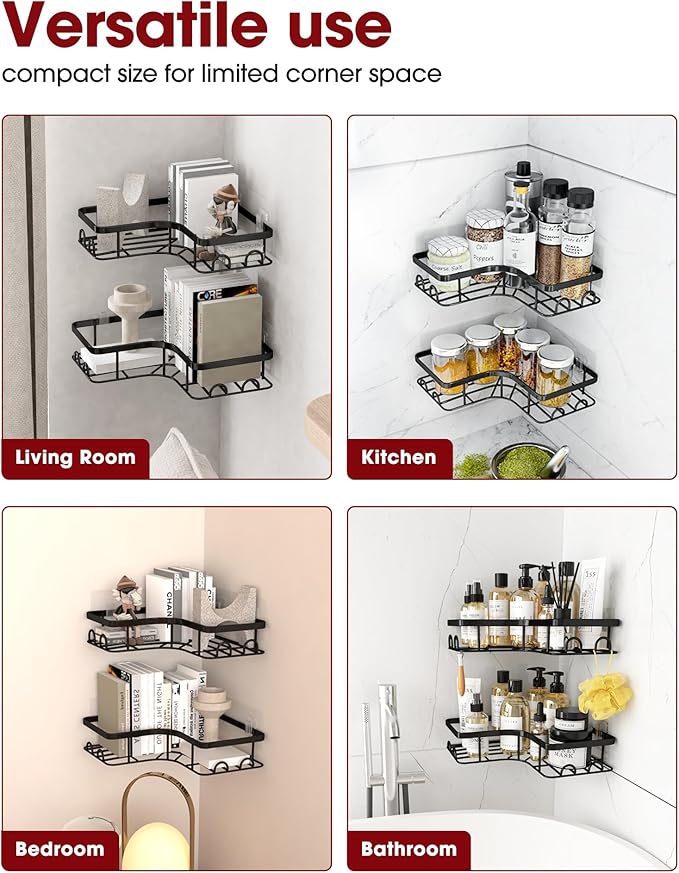 Sakugi Corner Shower Caddy - 2 Pack, Adhesive Shower Organizers, Rustproof Stainless Steel Shower Shelves with 8 Hooks, No Drilling Bathroom Organizers and Storage Racks, Space-Saving, Black, Large