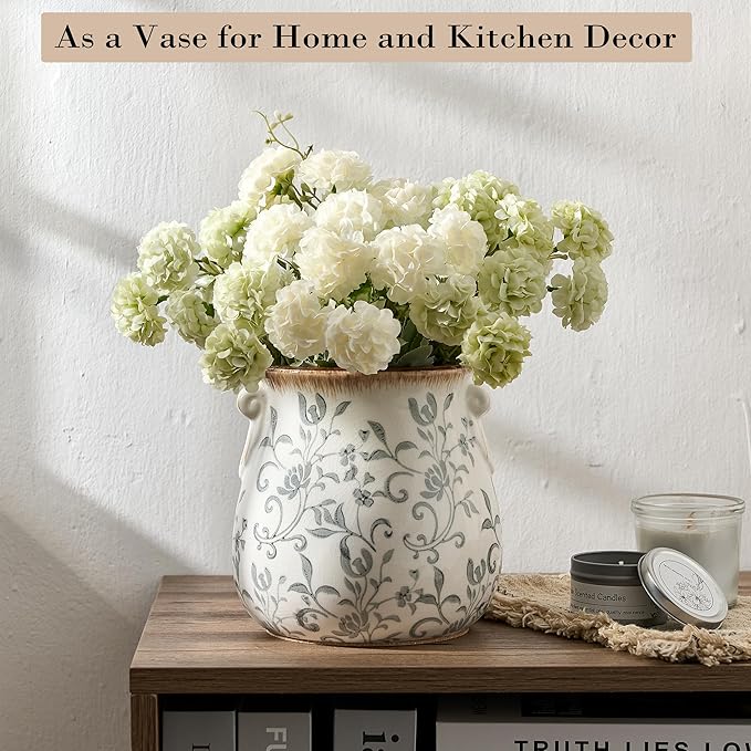 Utensil Holder for Kitchen Counter, Modern Farmhouse Rustic Cooking Utensil Holder and Crock, Exquisite Chinoiserie Floral Ceramic Utensil Organizer for Home Kitchen Decor- Gray Flower Patterns