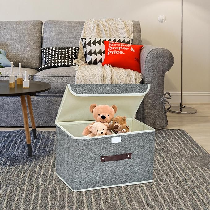 Storage Bin for Shelves Foldable Storage Organizing Basket with Lid&Handles Rectangle Closet Baskets,Gray Storage Bins, Storage Boxes for Home Office Car Dormroom