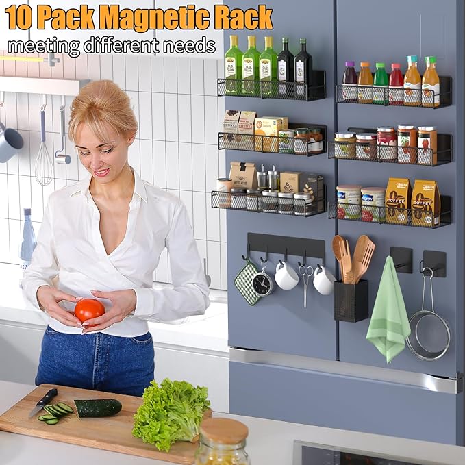 Magnetic Spice Rack for Refrigerator, 10 Pack 100% Metal Strong Magnet Shelf, Moveable Spice Organizer W/ Adjustable Paper Towel Holder, Hook Rack & Utensil Caddy, Home Kitchen Laundry Storage, Black