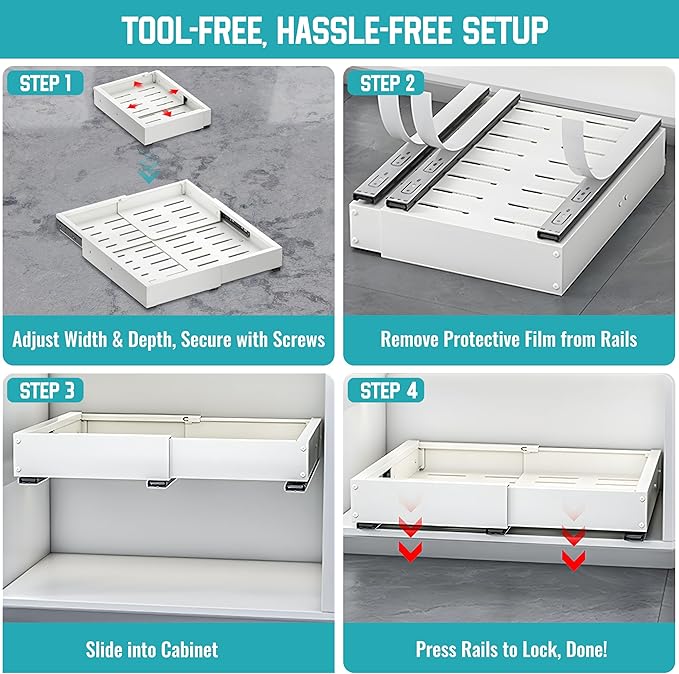 Pull Out Cabinet Organizer, Adjustable Width 16"-22" & Depth 12"-20", No Drill, for Kitchen, Pantry, Bathroom, White
