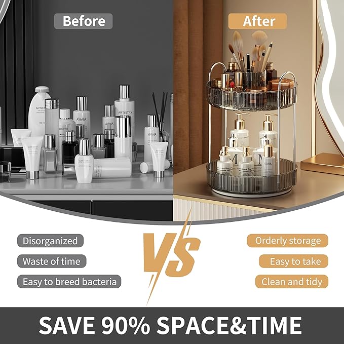 YCIA&DONE Rotating Makeup Organizer for Vanity, Large Capacity Make Up Storage Skin care Shelf Perfume Holders Cosmetic Dresser Organizer Countertop Spinning 360 (Smoky Gray, 2Tiers)