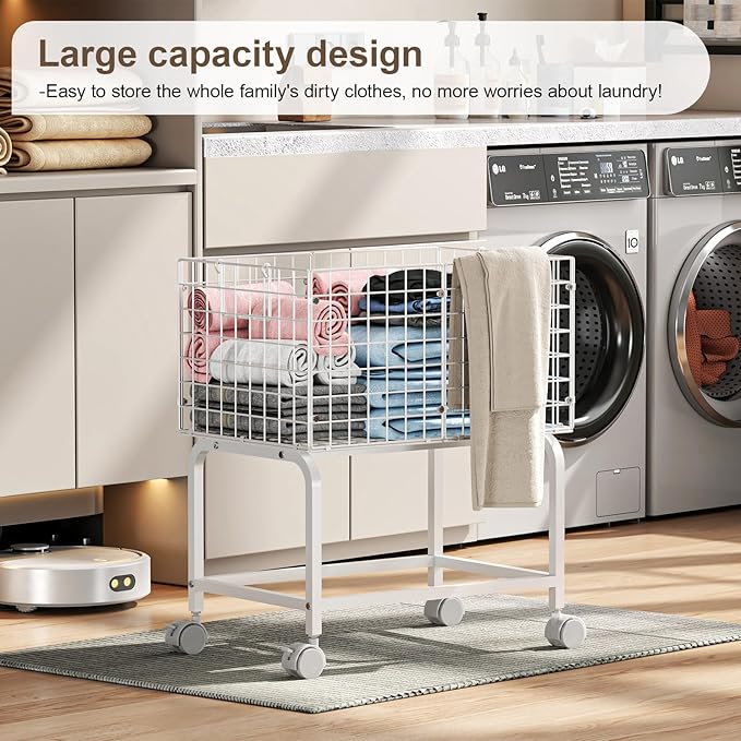 Wire Laundry Cart with Wheels,80L Rolling Laundry Basket Trolley with Pull Handle,White High Laundry Basket Cart for Laundry Room,Bathroom,Bedroom-White(23.6 * 15.75 * 28inch)