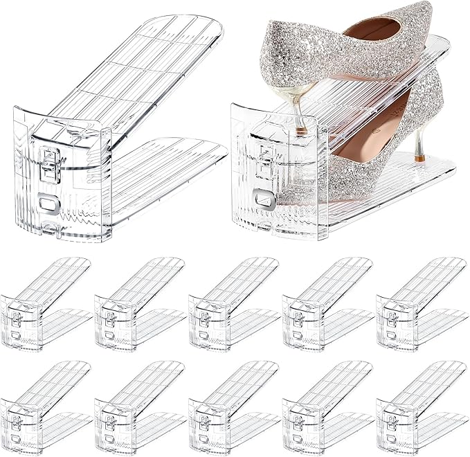 TOPNEW Shoe Slots Organizer for Closet 12 Pack Adjustable Level Shoe Stacker Holder Organization Double Layer Storage Space Saving Shoe Rack Organizer for Closet (Transparent)