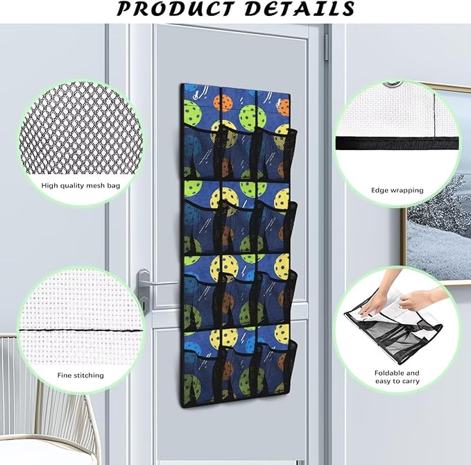 Over The Door Storage Bag with 12-Pockets, Oxford Material Waterproof Lightweight and Perfect for Organizing Bathroom Bedroom or Kitchen Essentials, Pickleball Pattern