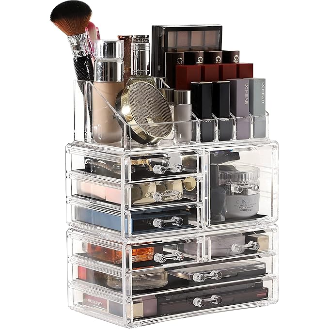 Cq acrylic 3 Pack Clear Makeup Organizer for Vanity,Countertop,Stackable 8 Drawers Cosmetic Storage for Hair Clip,Jewelry,Lipstick,Makeup Brush,Beauty Product Desk and Bathroom Skincare Organizers