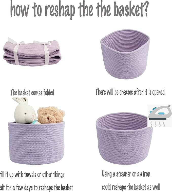XUANGUO Small round Storage Basket - 3-Pack Round Cube Bins (10x10x7'') for Shelves, Closets & Bookcases | Durable Rope Organizers for Nursery, Baby, Toys, Easter & More (purple)