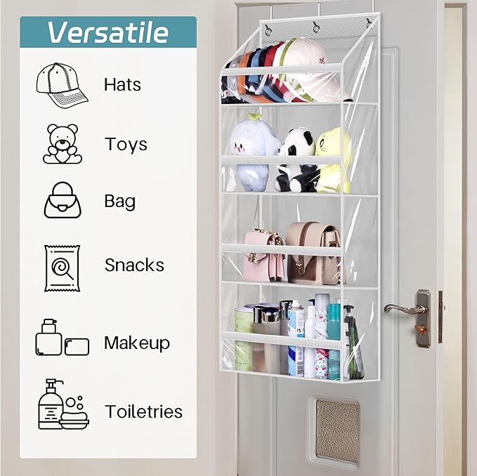 AOODA Clear Over the Door Hat Racks for Baseball Caps, Hold 48 Caps Hat Storage Organizer for Closet Wall, Deep Pockets Hanging Snapback Holder Shelves with 3 Hooks, White