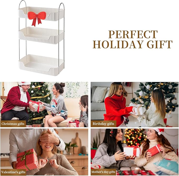 Shuang Qing Bathroom Counter Cosmetic Organizer, 3 Tier-Cream White, Alloy Steel & PET Plastic, Rectangular, Tiered, Perfect for Toiletries & Cosmetics