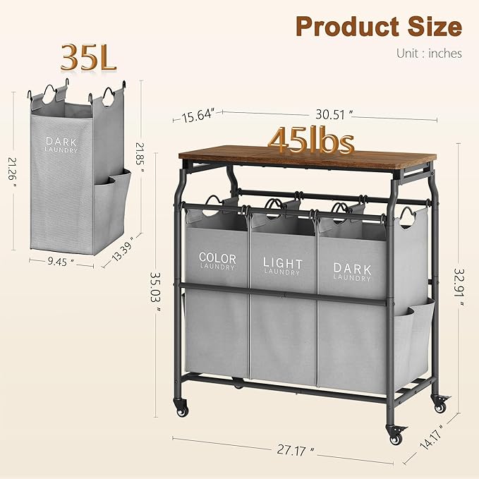 Hoctieon 3 Section Laundry Sorter Cart with Ironing Board, Laundry Hamper with Shelf and Rolling Wheels, Heavy Duty Laundry Basket Organizer, Large Clothes Separator Hamper with Removable Bags, Gray