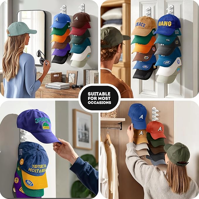 2 Pack Hat Organizer for Baseball Caps, Hat Rack for Wall Hold Up to 20 Hats, Hat Holder with Strong Adhesive and Screws, Hat Organizer Wall Mounted Hat Hanger Display for Door Closet Bedroom(B-White)