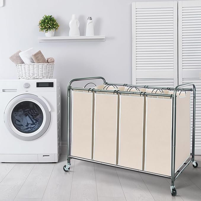 STORAGE MANIAC Laundry Sorter 4 Section, 47.8 Gal (181 L) Laundry Hamper with Wheels, Clothes Divider Basket Sorter, Clothes Separator Hamper Cart with Wheels and Removable Bags, Beige
