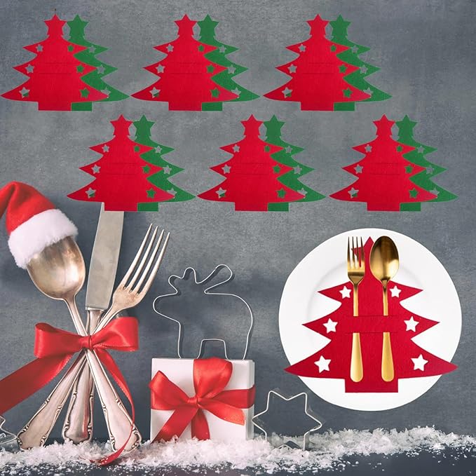 12pcs New Christmas Tree Cutlery Knife And Fork Cover Table Decoration Cutlery Holder Knife Folk Holder Pockets Felt Tableware (12PCS Christmas Tree Cutlery Holder - 6Red+6Green)