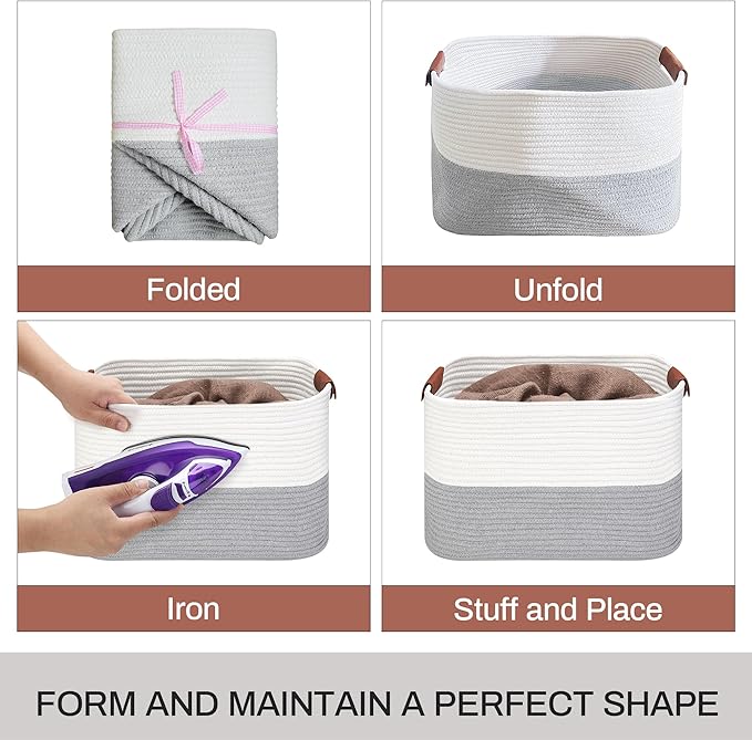 Large Cotton Rope Storage Basket with Leather Handles, Laundry Hamper Basket, 20 "L x 14" W x 12 "H, Durable & Stylish Organizer for Home.(Large Gray)