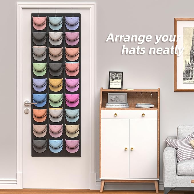 Hat Organizer Racks for Baseball Caps, 27 Deeper Pockets Baseball Hat Rack, Cap Rack, Hat Rack for Door with 3 Hooks