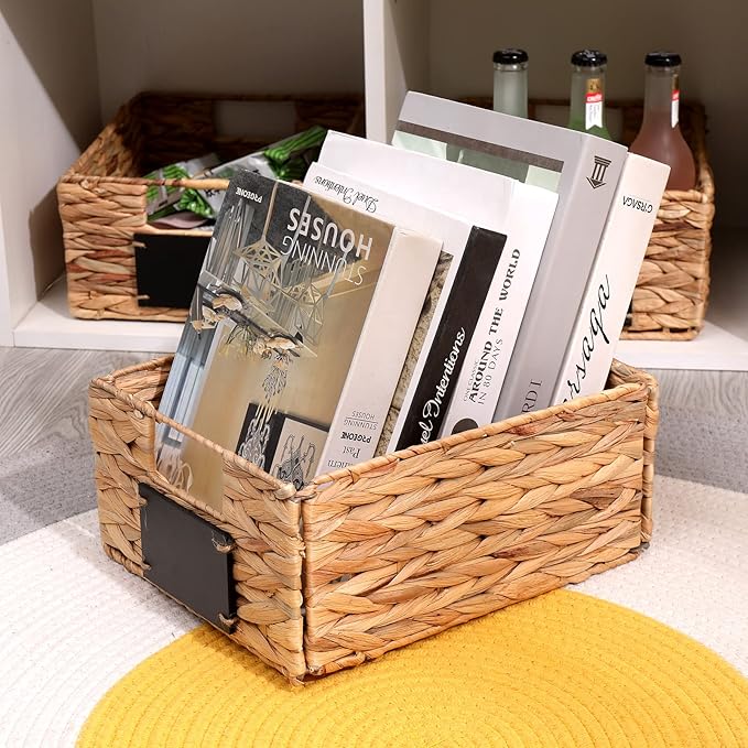 Water Hyacinth Storage Baskets Set of 4 - Foldable Seagrass Organizers with Chalk Labels,10.8x9x4.9 Inch,Rectangular Woven Pantry Bin for Shelves
