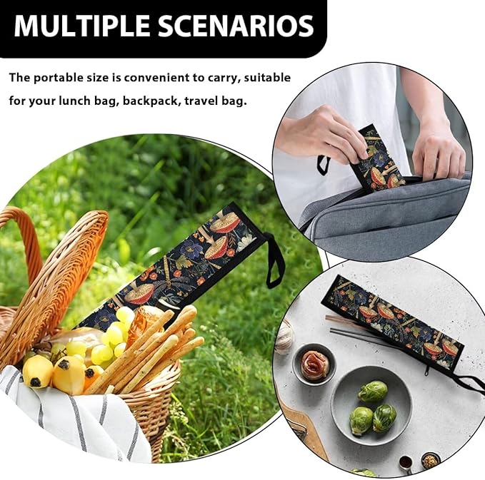 Dragonfly MushroomTravel Cutlery Bag Portable Tableware Carrying Bag with Handle Resuable Camping Flatware Straw Organizer Outdoor Dinnerware Storage Case