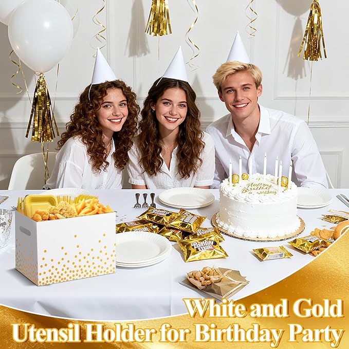 2PCS White and Gold Utensil Holder Paper Utensil Caddy for Engagement Party Supplies Cutlery Holder with Handles Wedding Party Favors Snack Box Disposable Cutlery Caddy for Birthday Decorations