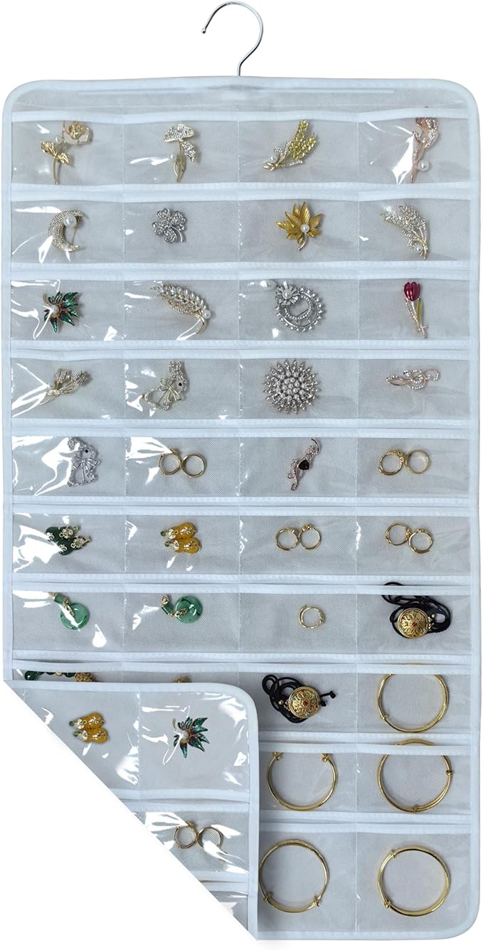 80 Pocket Hanging Jewelry Organizer with Hanger Metal Hooks Storage On Wall Door Closet Double-Sided(Each Side 40 Pockets) Jewelry Holder for Earrings, Necklaces, Rings (White+White)