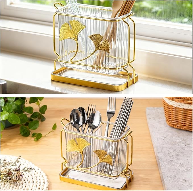 2-Compartment Transparent Silverware Organizer, Drip Tray, Suspended Utensil Caddy for Forks, Spoons, Knives, Elegant Cutlery Holder for Kitchen Countertop, Party Use