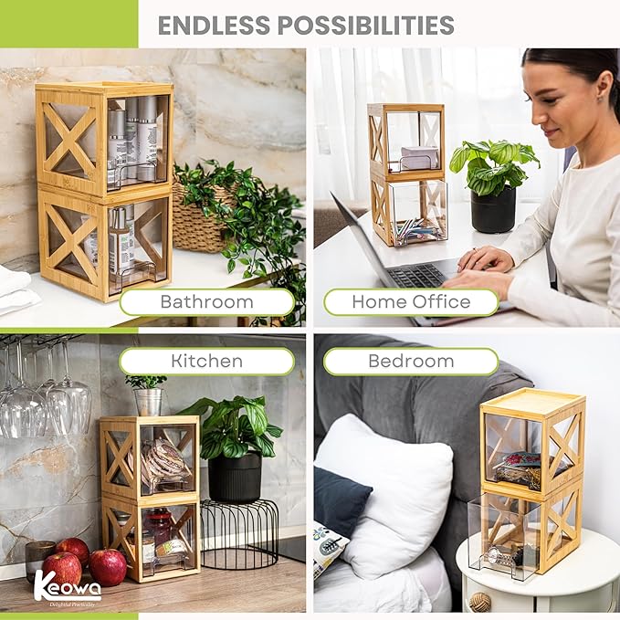 Stackable Bamboo Snack Drawer Organizer (2 Pack) – Pull-Out Storage Bins with Clear Acrylic Drawers – Pantry Storage for Snacks, Coffee Pods, Spices & K-Cups
