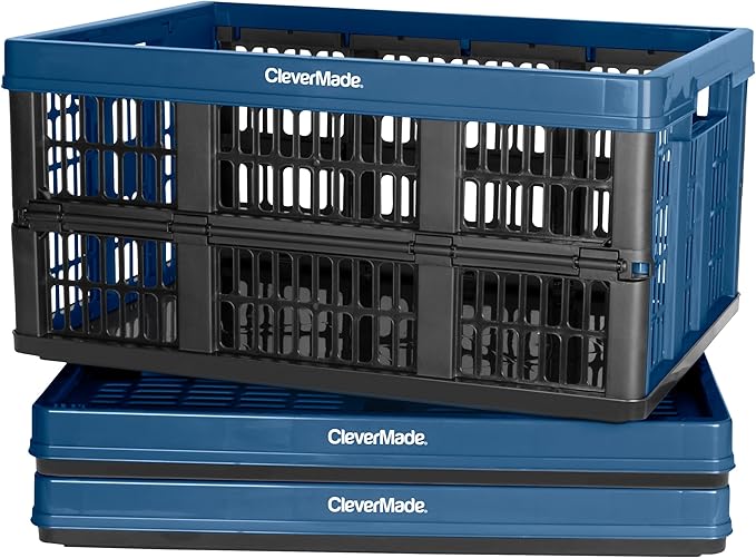 CleverMade Collapsible Utility Crates, Ocean, 3 Pack, 45L/11 Gal, 66 lbs Capacity, Stackable Containers, Heavy Duty, Space-Saving Baskets,Polypropylene (PP)