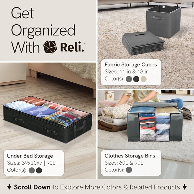 Reli. 90L Under Bed Storage Containers (8 Pack) | Closet Organizer with Clear Window | Underbed Storage Bins for Towels, Sweaters, Linens | Large Organizer for Closet (Black)