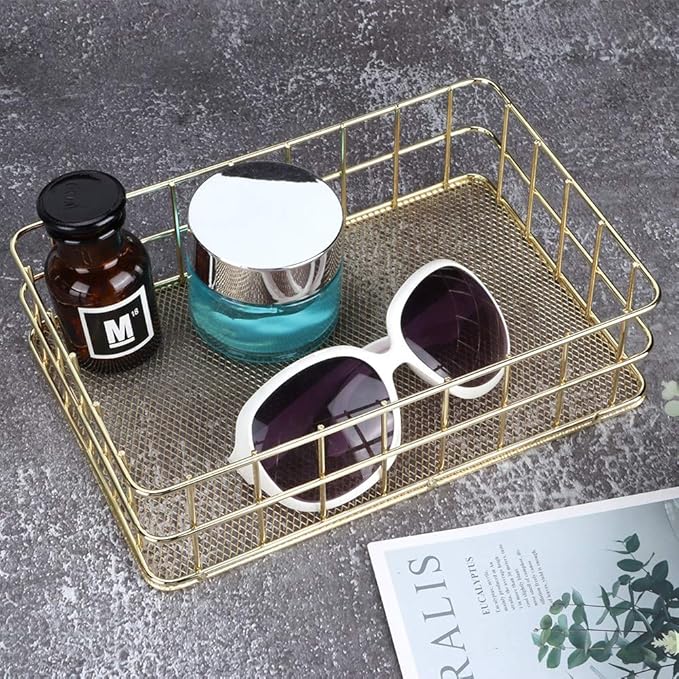 Gold Wire Baskets, 9.6 x 6.5in Metal Storage Basket Desktop Bathroom Sink Counter Toilet Storage Toilet Tank Topper Organizer Tray for Pantry Kitchen