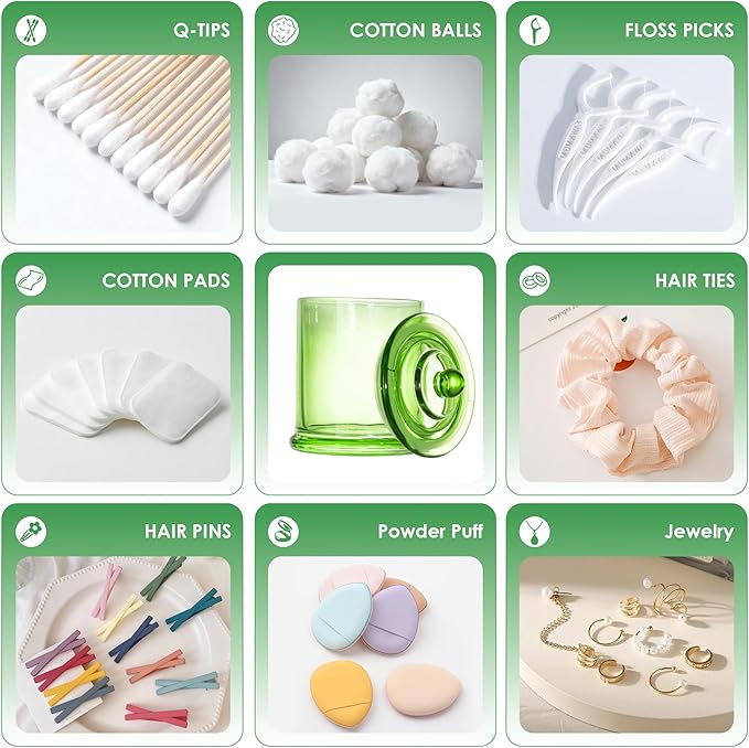 LITIVY 4 Pack Bathroom Organizers and Storage - 16 Oz Glass Qtip Holder & Cotton Pad Dispenser with Lid, Apothecary Jars for Home, Room Decor, Kitchen Organizer (Green)