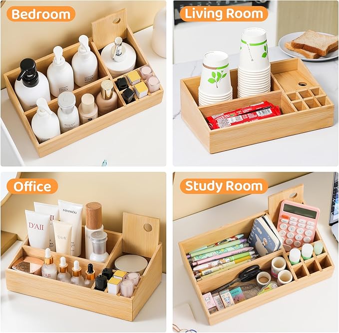 Bamboo Makeup Desk Organizer, Makeup Storage Organization Table Box, Suitable for Desk Organizer and Storage Dressing Table, Bathroom Desk, Counter