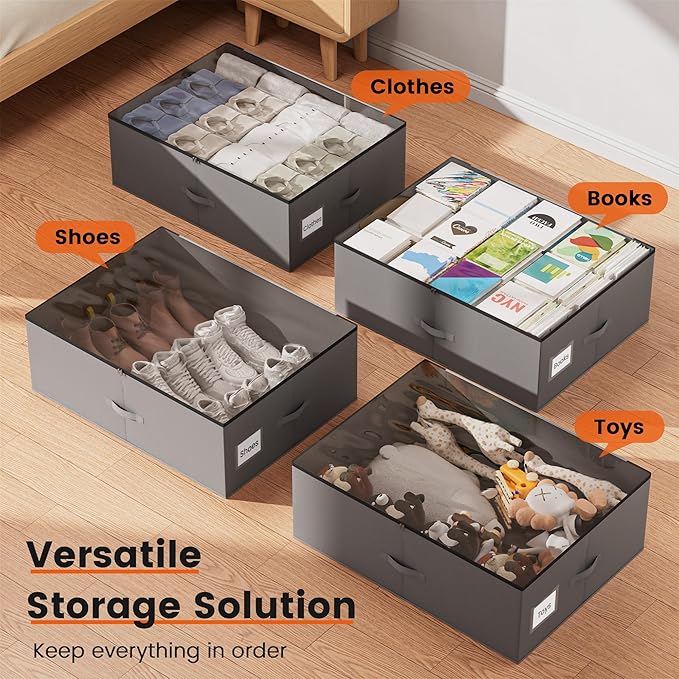 XXXXL 125L Under Bed Storage, Storage Containers with Support & Clear Lid, Support Frame, Underbed Storage Bins for Clothes, Shoes, Blankets, and Toys 2 pack