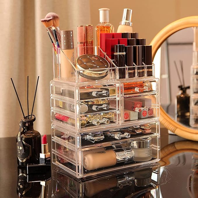 Cq acrylic 3 Pack Clear Skincare Organizer for Vanity, Stackable 7 Drawers Make Up Organizer,Cute Cosmetic Organizer for Vanity Jewelry,Hair Clip,Beauty,Skincare Product Dresser Acrylic Desk Organizer
