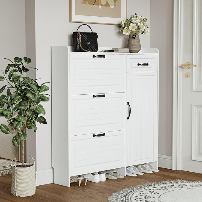 Shoe Cabinet for Entryway,Large Shoe Storage Cabinet with 3 Flip Drawers and Side Cabinet,Narrow Shoe Rack Organizer Cabinet for Closet,Hallway