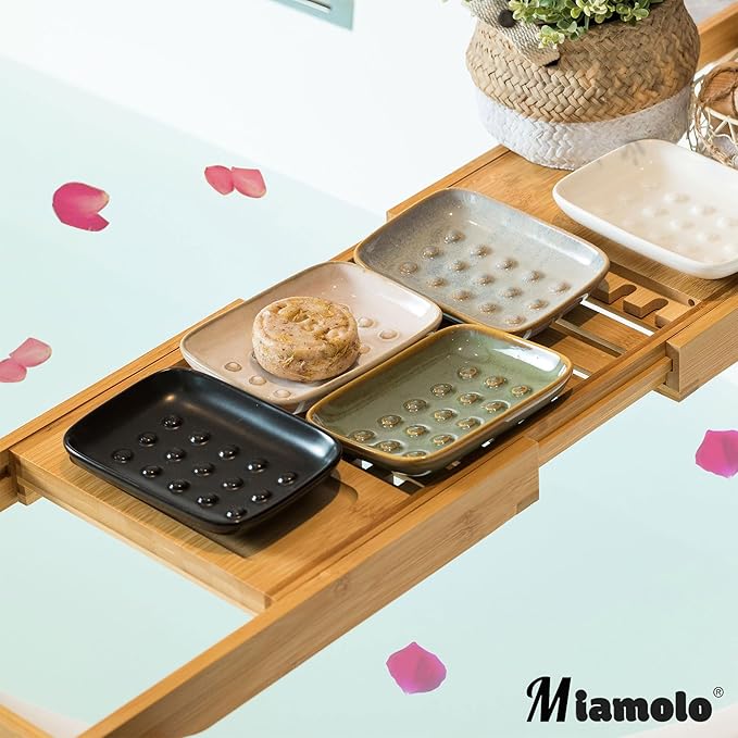 Miamolo Soap Dish, Ceramic Soap Holder Shower Soap Dish for Bar Soap Sponge, Soap Saver Tray for Bathroom Kitchen Sink, Black