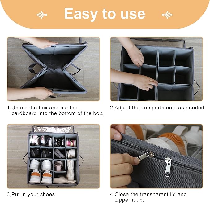 2 Pack Large Fabric Shoe Organizer Storage Box, Shoe Organizer Box with Adjustable Dividers and Clear Lid, Fits 16 Pairs, Fabric Shoe Organization with Handles, Stackable and Foldable
