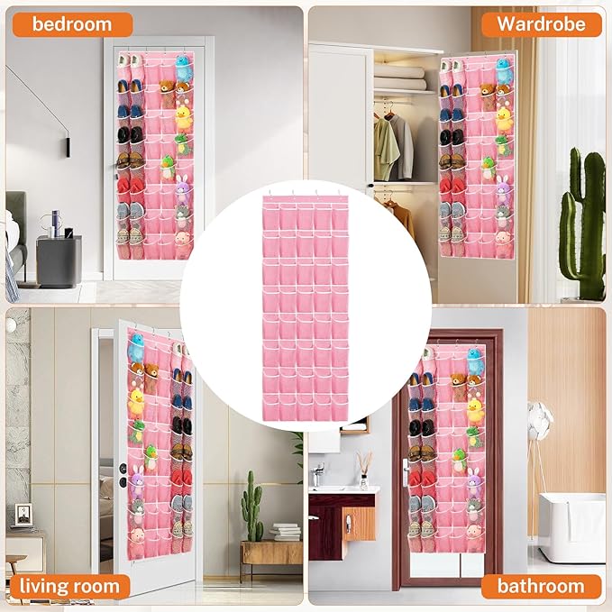 40-Pocket Over the Door Shoe Organizer - Large Mesh Pocket Hanging Shoe Organizer,Behind the Door Shoes Storage Holder Hanger (Pink-W)
