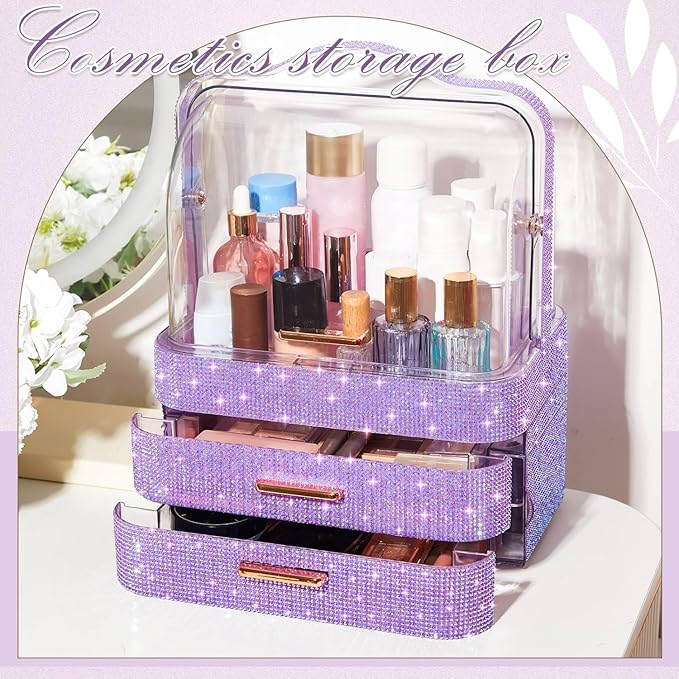 Honeydak Bling Makeup Organizer for Mothers Day Nurses Day Birthday Gifts Rhinestone Cosmetic Display Cases with Transparent Cover, Skincare Perfume Organizer for Countertop, Desk(Purple,Rhinestone)
